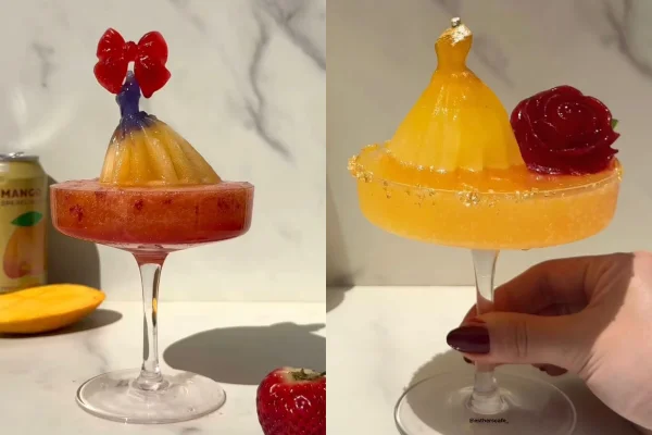 Montagem feita com drinks inspirados nos vestidos das princesas da Disney