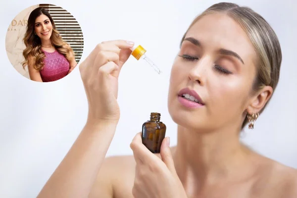 Montagem de duas fotos. Em uma aparece rosto de uma mulher. Na outra imagem, mulher passa produto de beleza no rosto