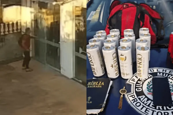 Imagem colorida de um homem quebrando uma porta de vidro e furtando cervejas de uma igreja no interior paulista - Metrópoles