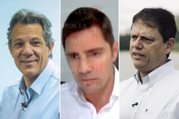 Imagem colorida mostra Fernando Haddad, Daniel Vorcaro e Tarcísio de Freitas. Metrópoles