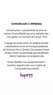 Viviane Batidão divulgou nota sobre o acidente Viviane Batidão divulgou nota sobre o acidente