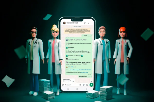 Ilustração mostra quatro bonecos representando estudantes de medicina ao lado de um celular