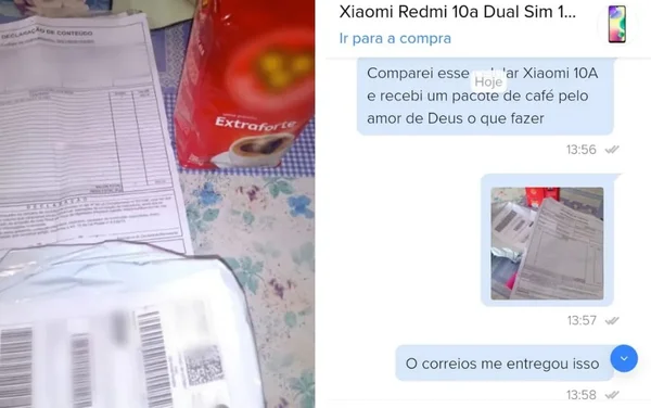 imagem colorida cliente compra celular e recebe cafe