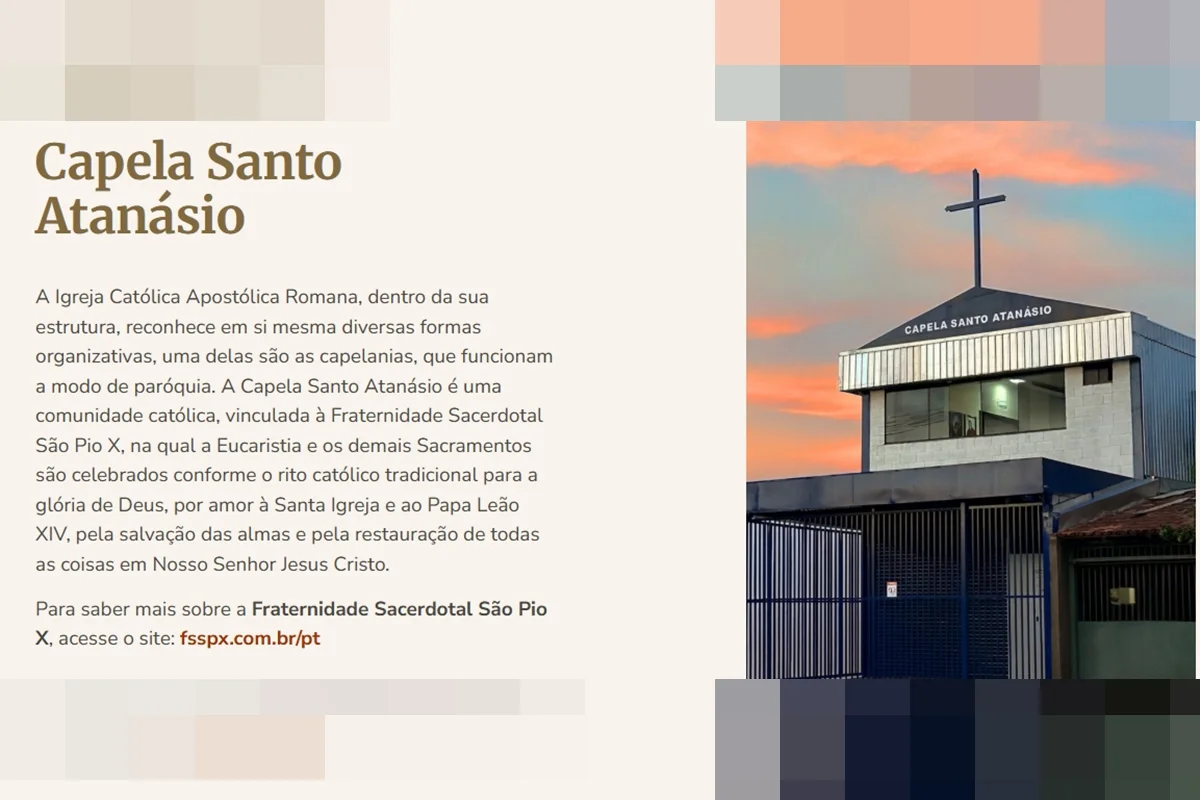 Na página oficial do templo na internet, é possível constatar que a comunidade se descreve como “vinculada à Fraternidade Sacerdotal São Pio X”, informação de destaque exibida logo em sua tela principal Na página oficial do templo na internet, é possível constatar que a comunidade se descreve como “vinculada à Fraternidade Sacerdotal São Pio X”, informação de destaque exibida logo em sua tela principal