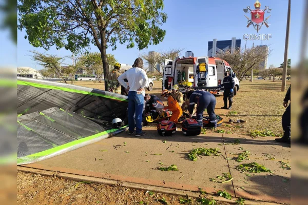 Imagem colorida de uma asa delta no solo, com o piloto sendo atendido por bombeiros e pessoas em volta