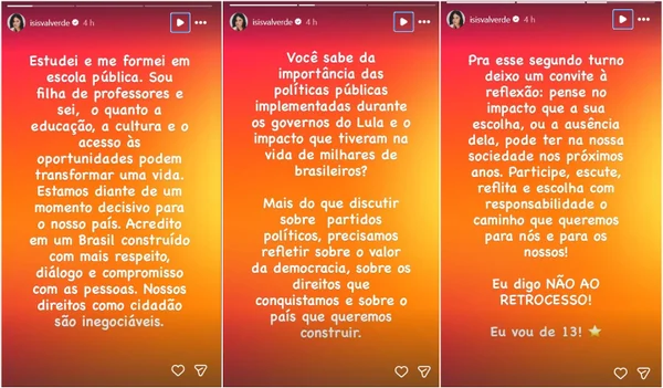 Isis Valverde anuncia apoio a Lula e convida eleitores a “refletirem” - destaque galeria