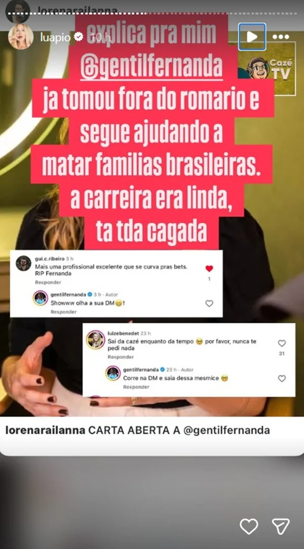 Luana Piovani muda o alvo e detona Fernanda Gentil por divulgar bets - destaque galeria