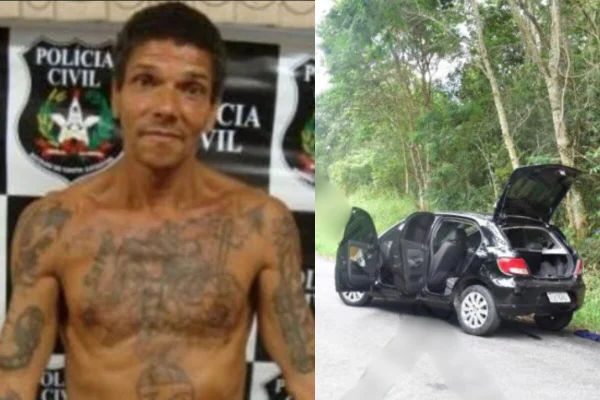 Montagem com duas fotos coloridas. Esquerda homem sem camiseta, sem barba, com tatuagens pelo corpo. Direita, carro preto com portas e porta-malas abertos em meio de rua - Metrópoles