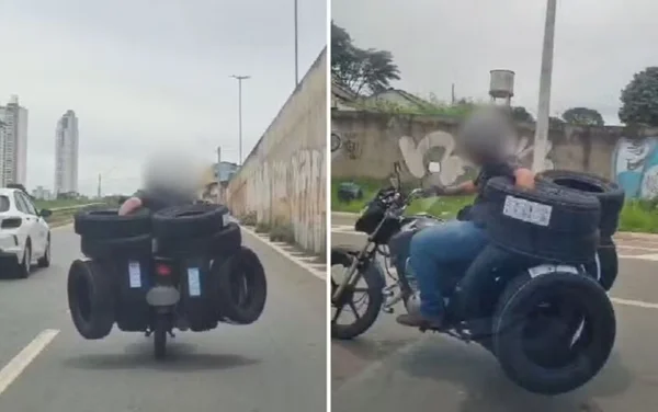 imagem colorida motoriclista carrega quase 10 pneus em moto