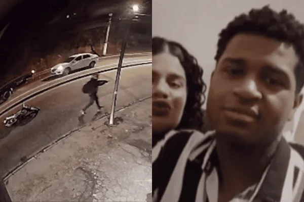 Imagem colorida de um PM armado atirando contra dois homens, suspeitos assaltantes. À direita, a imagem de um jovem negro morto a tiros pelo policial - Metrópoles
