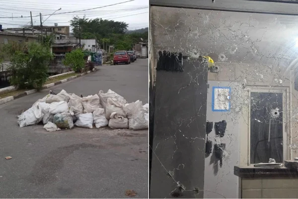 Montagem colorida mostra barricadas (à esquerda) instaladas por membros do PCC. Base da PM (à direita) foi fuzilada por disparos feitos por criminosos.