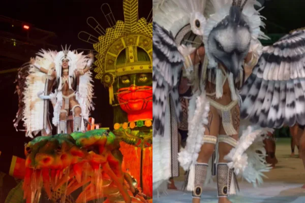 Montagem com duas fotos de Isabelle Nogueira no 2º dia de festival de Parintins, em uma delas, ela está caracterizada de gavião - Metrópoles