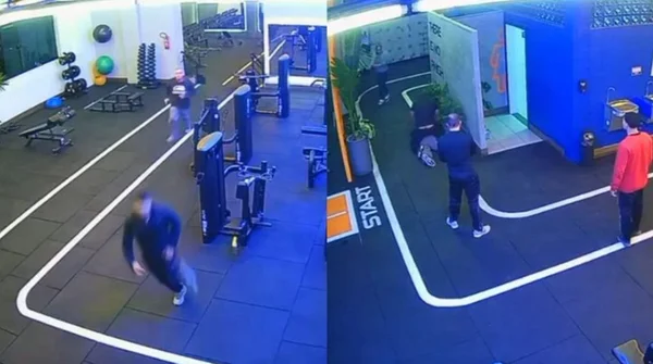 homens correndo e atirando em academia