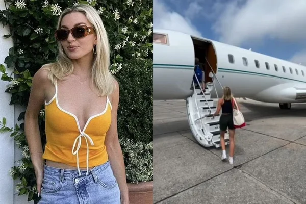 Foto colorida de uma mulher posando para foto e uma entrando em um jato - Metrópoles