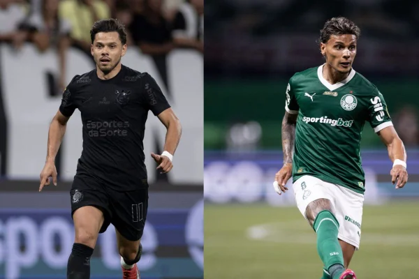 Foto colorida de Ángel Romero e Richard Ríos, jogadores de Corinthians e Palmeiras - Metrópoles