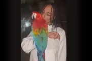Cantor Oruam e brinca com Arara Vermelha