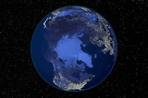 Pólo Norte à noite, imagem de satélite da Terra à noite. Metrópoles