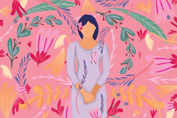 Ilustração mostra mulher cercada de plantas, com o laço do combate ao câncer de mama - Metrópoles