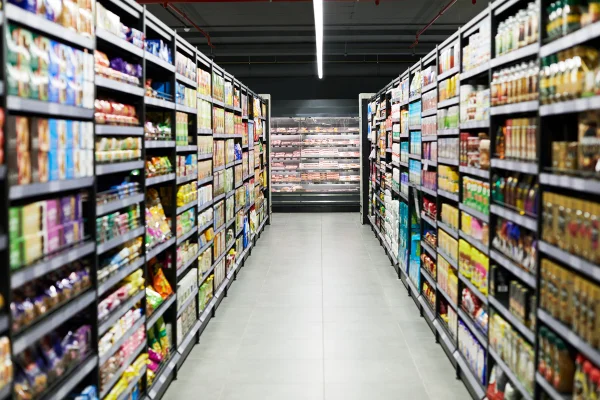 Foto de um corredor de mercado. Alimentos, embalagens, alimentos ultraprocessados. Metrópoles