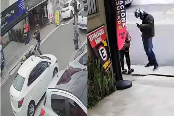 Imagem colorida mostra tiroteio após assalto em rua perto do consulado dos EUA em SP