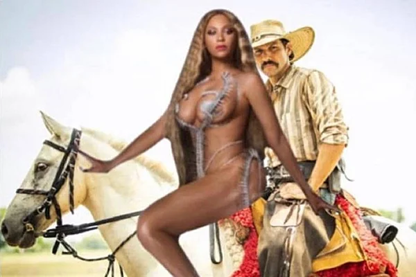 imagem de homem e beyonce em cima de cavalo
