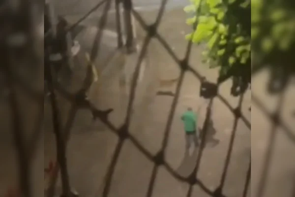 Imagem colorida de um frentista protegendo cachorros de um homem armado com corrente - Metrópoles