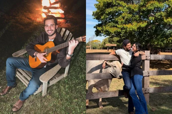 montagem colorida de fotos do irmão de zé Felipe e uma foto dele com Ana Castela