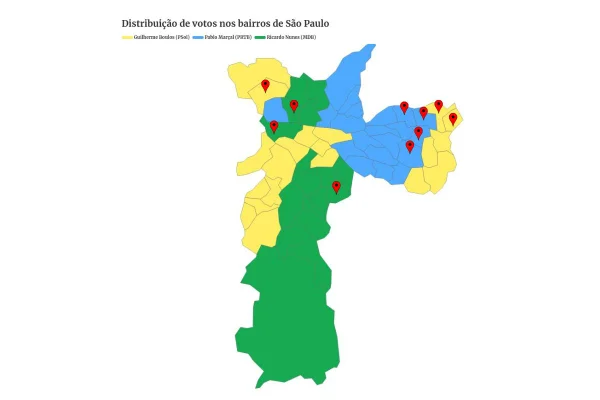 Mapa da cidade de São Paulo com a sinalização dos locais onde as eleições tiveram o resultado mais acirrado