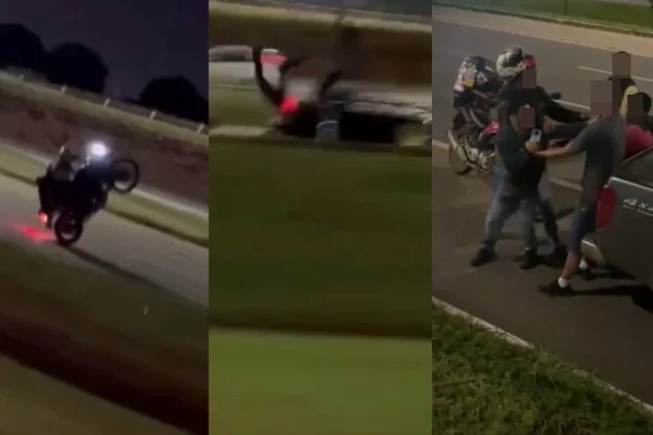 motoqueiro empina, bate em carro e homens brigam na EPTG
