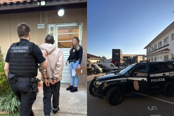 Imagem colorida de montagem com preso e viatura da polícia. Metrópoles