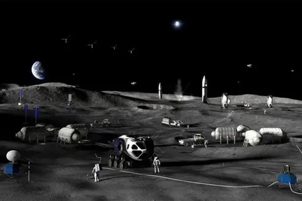 Ilustração colorida mostra base lunar - Metrópoles