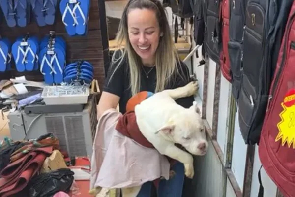 Foto colorida de mulher branca, loira, de cabelos longos, sorrindo enquanto segura cachorro branco no colo - Metrópoles