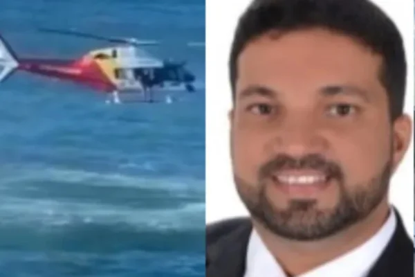 Montagem com duas fotos de um advogado e helicóptero