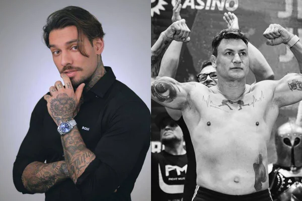 montagem com foto colorida de Lucas lucco de camisa preta e foto preto e branco de Popó sem camisa - metrópoles