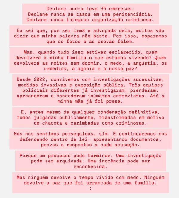 Irmã de Deolane Bezerra desabafa após pedido de manutenção da prisão - destaque galeria