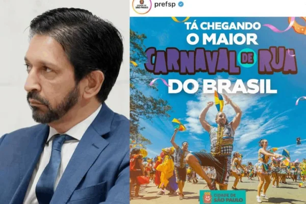 Imagens coloridas mostram, do lado esquerdo, um homem branco, barbado e com terno azul, prefeito Ricardo Nunes, e do lado direito, uma foto que remete ao frevo pernambucano