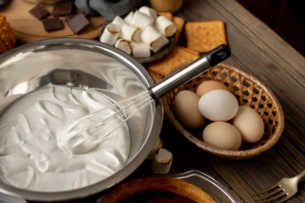 recipiente com marshmallow cremoso, ovos e marshmallow