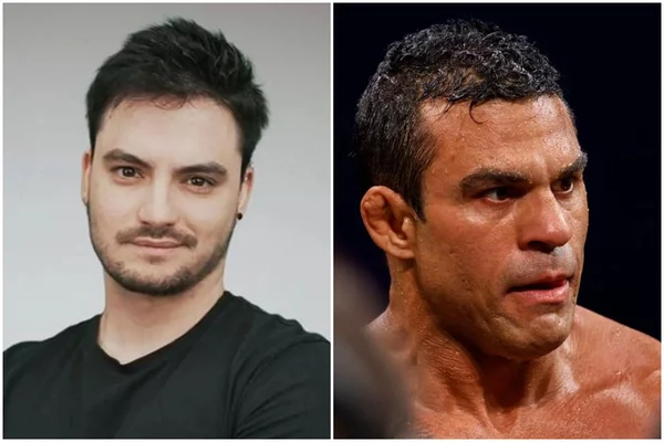 Montagem com a foto de Felipe Neto, homem de cabelo preto, pele clara, barba rala e camisa preta, e Vitor Belfort, homem suado, sem camisa, após uma luta - Metrópoles