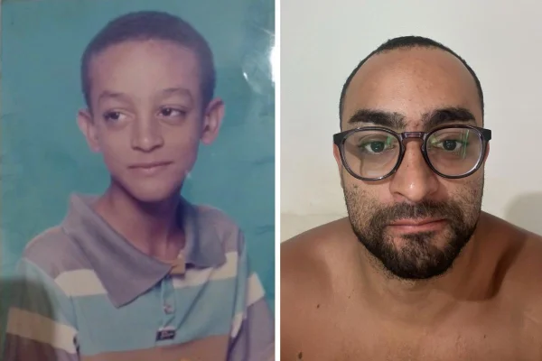 Montagem com fotos coloridas de Bruno de Oliveira Félix quando era criança e recentemente - Metrópoles