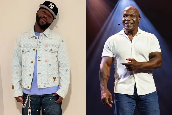 Montagem com fotos coloridas de Floyd Mayweather e Mike Tyson - Metrópoles