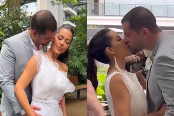 Laís Caldas e Gustavo Marsengo em cerimônia de casamento civil - Metrópoles