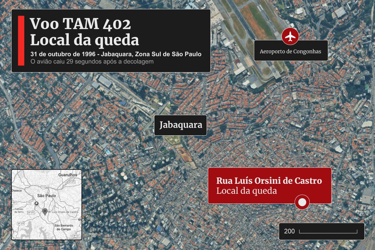 Mapa do local onde o voo 402 caiu em São Paulo Mapa do local onde o voo 402 caiu em São Paulo