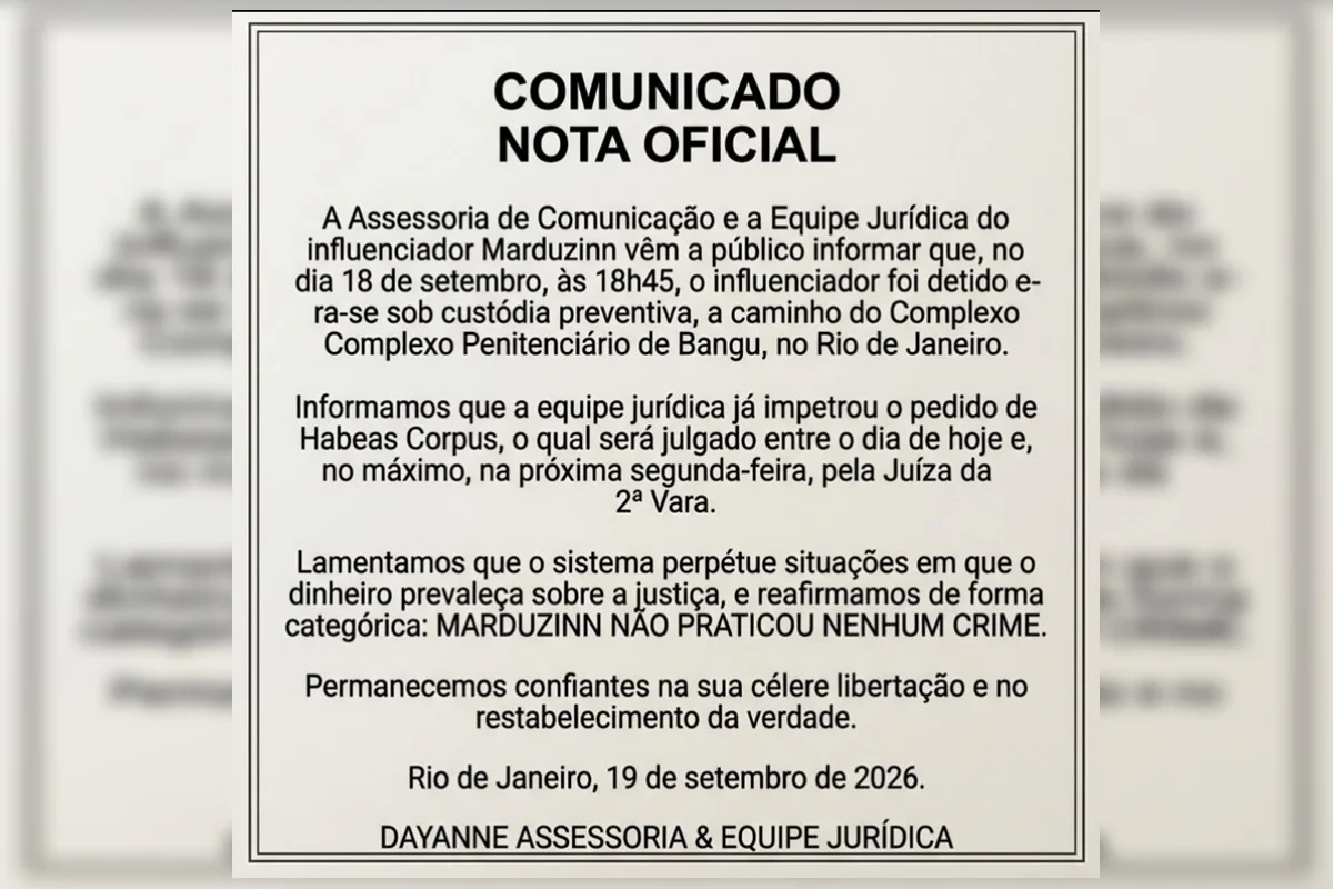 Nota da defesa do influenciador Nota da defesa do influenciador