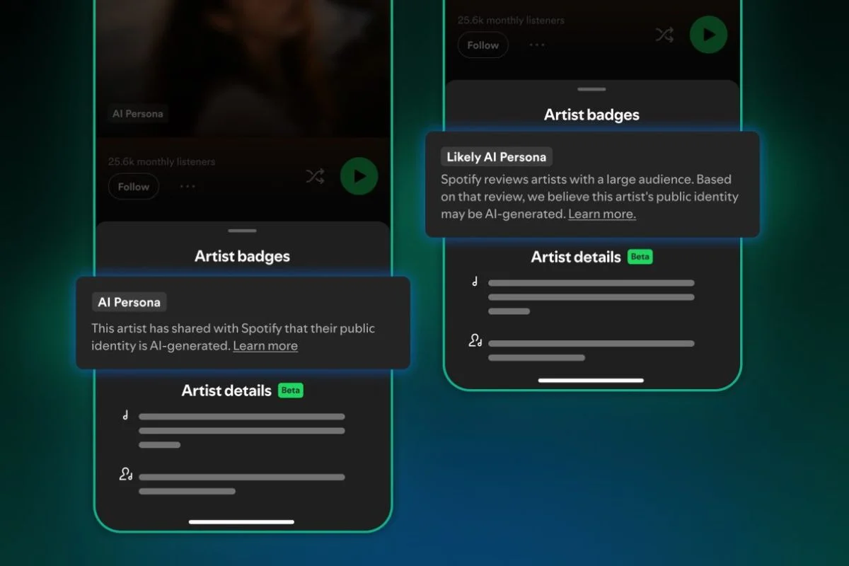 Notificação do Spotify que identificará artistas criados por inteligência artificial Notificação do Spotify que identificará artistas criados por inteligência artificial