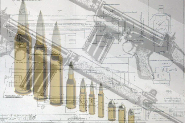 Arte gráfica com dois fuzis com efeito de transparência sore projeto de arma e munições de fuzil - Metrópoles