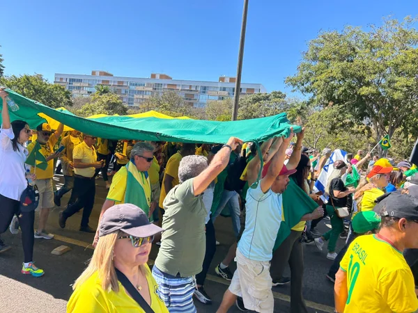imagem colorida de manifestantes bolsonaristas levando uma bandeira do Brasil - Metrópoles