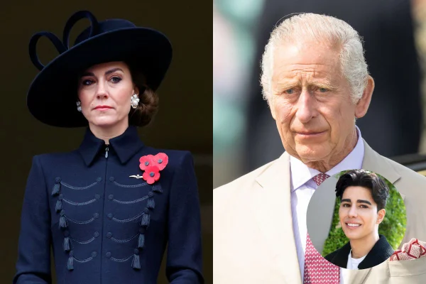 Imagem colorida mostra Kate, uma mulher branca, com roupa toda azul com um çaço vermelho. Do outro lado, rei Charles, um homem velho, branco e meio calvo está usando um terno claro. Na parte inferior direita, a um circulo com a foto de um homem branco, jovem, cabelos pretos - Metrópoles