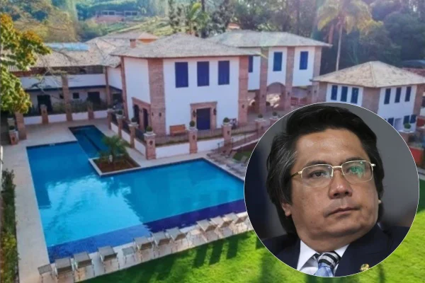 Fotomontagem colorida com hotel com piscina ao fundo e destaque para senador Alexandre Giordano - Metrópoles