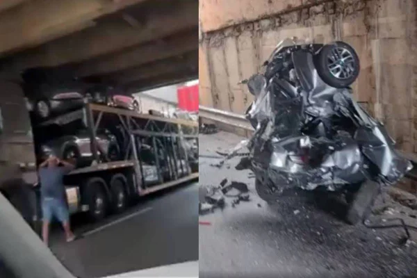 Caminhão cegonha fica entalado em viaduto de Anápolis, Goiás. Em fotos justapostas, o caminhão e um carro destruído pela pressão - Metrópoles