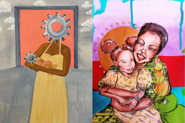 Montagem com duas pinturas. A primeira traz uma mulher segurando um bebê no colo. Ambos tem cabeça de engrenagem. Na segunda foto, é uma mulher abraçando um menina - Metrópoles